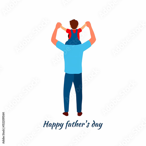 A father joyfully carries his son on his shoulders, isolated on white background