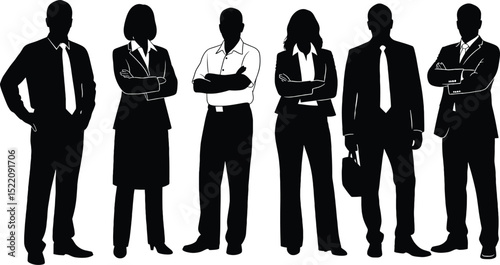 Vector silhouettes of men and a women, a group of standing business people, black color isolated on white background
