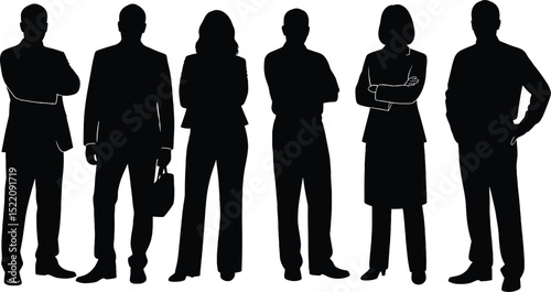 Vector silhouettes of men and a women, a group of standing business people, black color isolated on white background