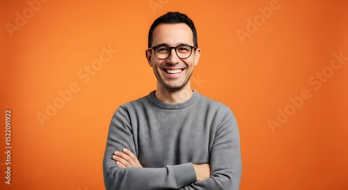 Portrait of a smiling man with glasses on orange background for professional headshot or business profile