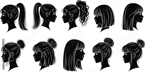Woman heads in profile. Beautiful female faces profiles, black silhouette outline avatars, anonymous portraits with hairstyle vector set