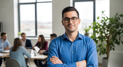 Professional business portrait of young ceo in office meeting room with team for corporate website header