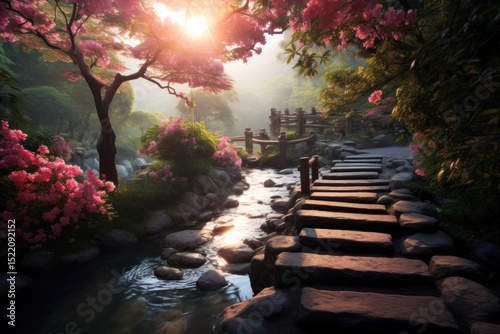 Japanese garden style vegetation landscape outdoors.