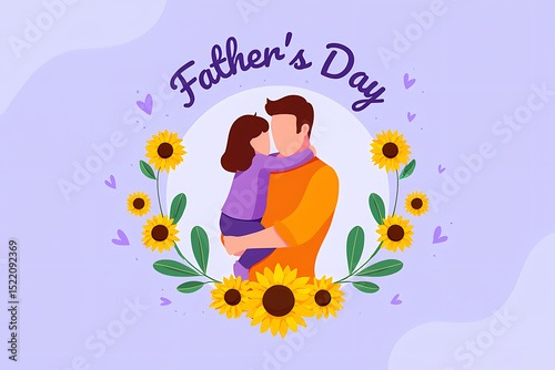 A tender fathers day embrace, a daughter held close amidst a cheerful sunflower wreath