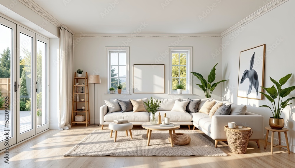 Fototapeta premium stylish living room interior with soft lighting, scandinavian decor, and open windows bringing in fresh air.