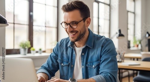 Happy man working on laptop in office space with natural light and positive work environment vibes today