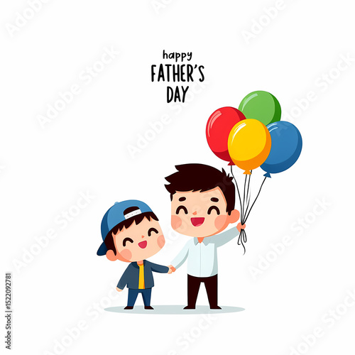 A joyful father and son share colorful balloons, isolated on white background