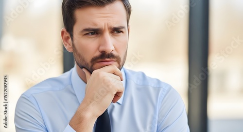 Pensive man in shirt and tie portrait thinking about business strategy and career growth opportunities