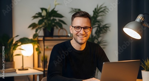 Smiling man working from home office on laptop with plants and lamp for remote work lifestyle concept