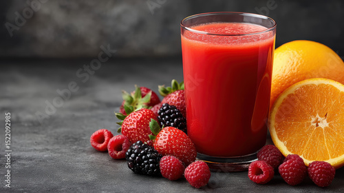 Fresh berry and orange juice glass with raspberry, blackberry, strawberry, orange dark background