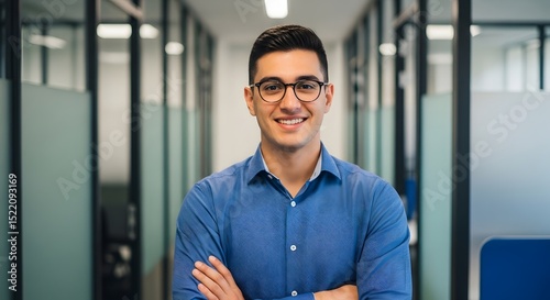 Portrait of young professional smiling in office setting with blue shirt and glasses for corporate headshot