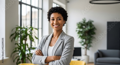 Portrait of confident african american business woman in blazer smiling in modern office space setting