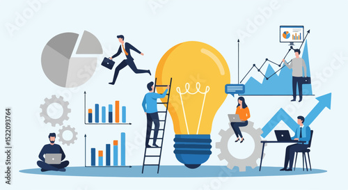 Flat vector illustration of cartoon-style professionals interacting with innovation and data elements, including a large light bulb, charts, graphs, gears, and laptops, in a conceptual business settin
