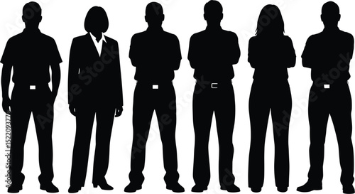 Vector silhouettes of men and a women, a group of standing business people, black color isolated on white background