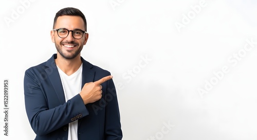 Man in suit pointing to copy space for advertisement or business presentation concept stock photo image