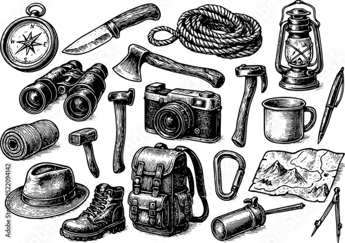 Black-and-white detailed line drawing of various camping and outdoor gear including tents, boots, backpack, lantern, axe, campfire, map, and trees, perfect for adventure and nature themes