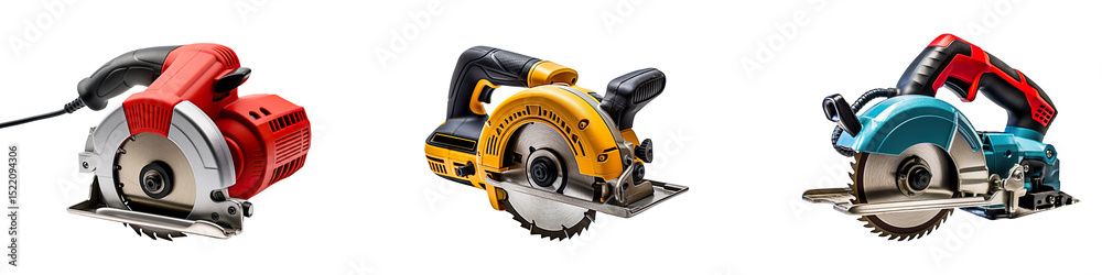 A collection of mini circular saws with cords isolated on a transparent background A collection of mini circular saws with cords isolated on a transparent background