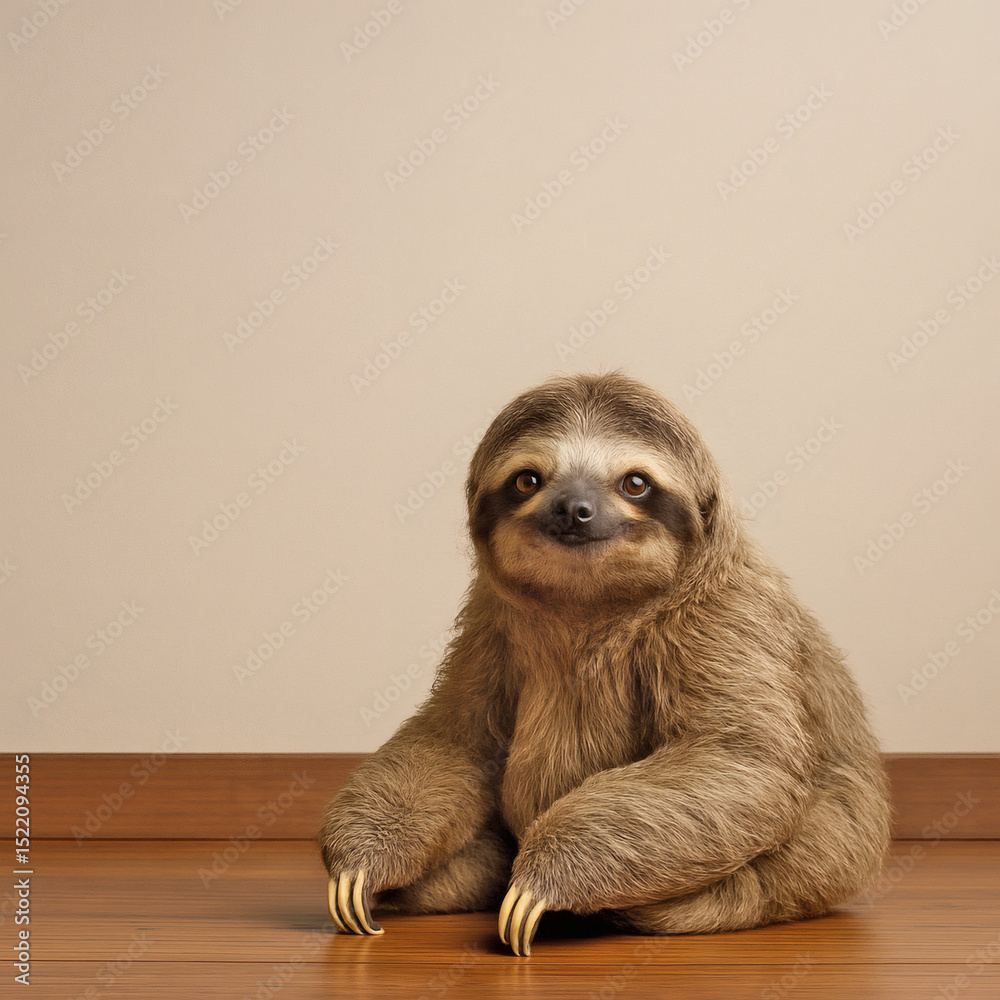 Fototapeta premium Adorable Sloth in Studio Light on Wooden Floor Against Beige Wall, Cute Wildlife, Nature Photography, Stock Image, Copy Space, Animal Portrait