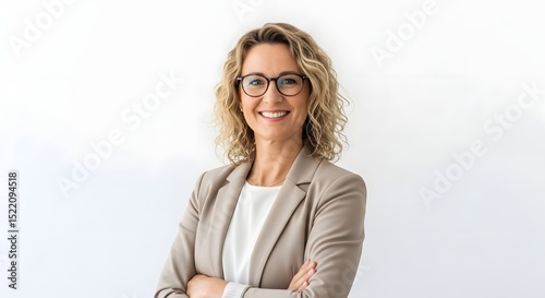 Professional headshot of smiling woman in blazer with glasses for business profile or corporate website