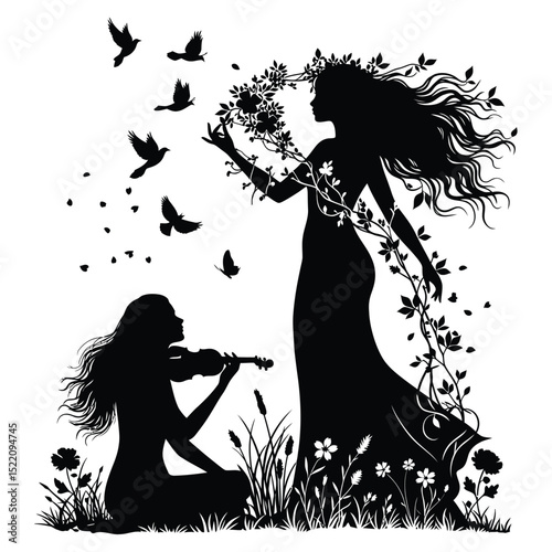 Silhouette of a woman in nature playing a violin and birds flying with floral design