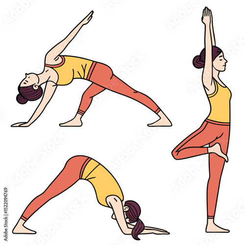 Illustrated yoga poses demonstrating different asanas for fitness and flexibility practice