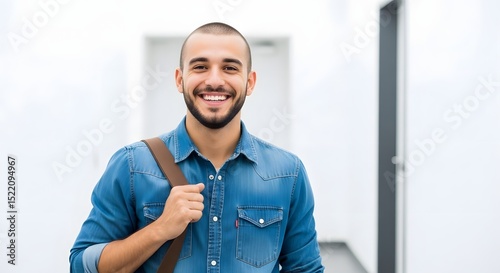 Portrait of smiling student in denim shirt with shoulder bag in bright modern office setting indoors