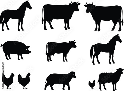 Vector Farm Animals Silhouettes Isolated on White