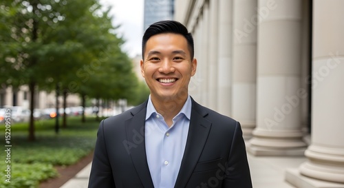 Professional headshot of asian man smiling outdoors for business portrait or corporate profile picture