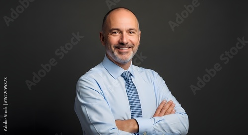Professional headshot of smiling businessman with light blue shirt and tie on dark gray background