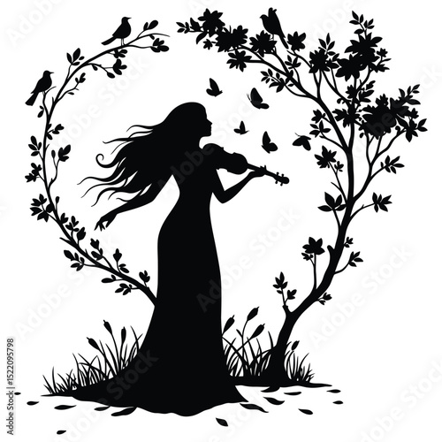 Silhouette of a woman playing violin surrounded by nature with birds and butterflies in black and white