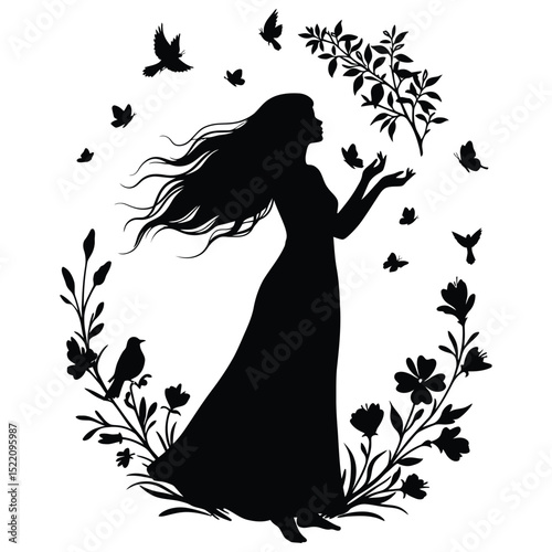 Silhouette of a woman surrounded by nature elements birds butterflies and flowers