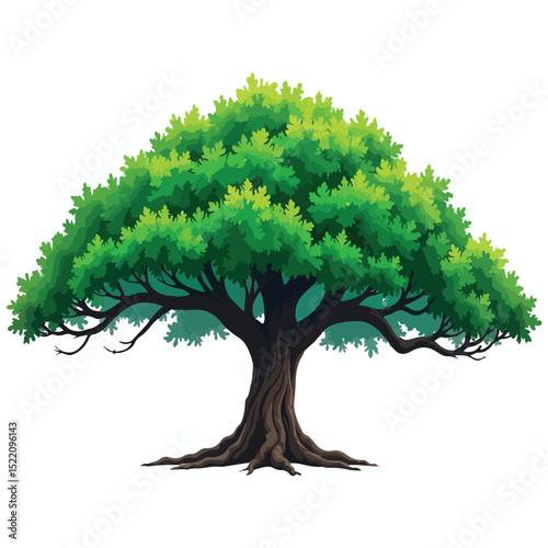 A majestic oak tree with lush green leaves and thick, gnarled roots, standing tall and proud against a white background.