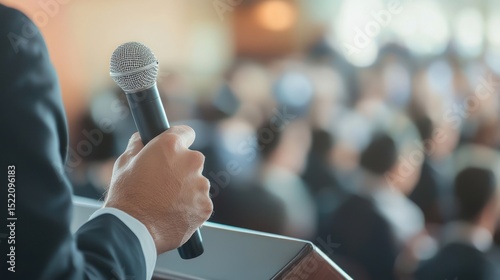 A man in a suit holding a microphone in front of a blurred audience.