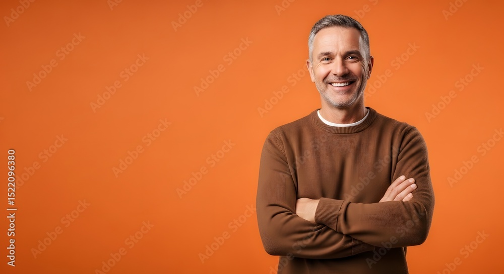 Fototapeta premium Portrait of handsome smiling man with arms crossed on orange background studio shot for stock photography