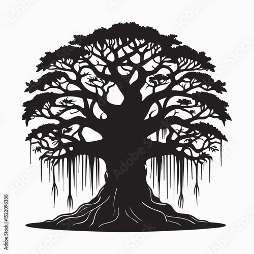 Majestic Banyan Tree Silhouette: A symbol of strength, longevity, and resilience in nature.