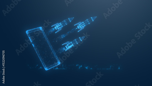 A futuristic digital smartphone with holographic elements depicting technology and innovation.