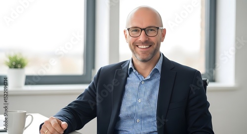 Professional headshot of smiling businessman in office for corporate website and social media profile picture