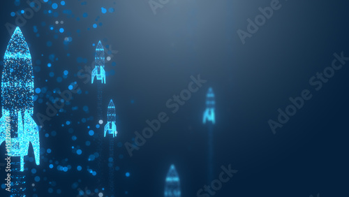 Digital rockets launch into a blue universe, representing technology, innovation, and progress in space exploration.