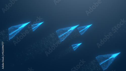Dynamic digital representation of glowing paper planes soaring through a deep blue background, evoking innovation and creativity.