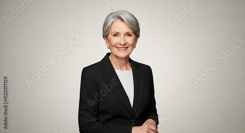 Professional headshot of senior woman in business suit with grey hair smiling for corporate profile