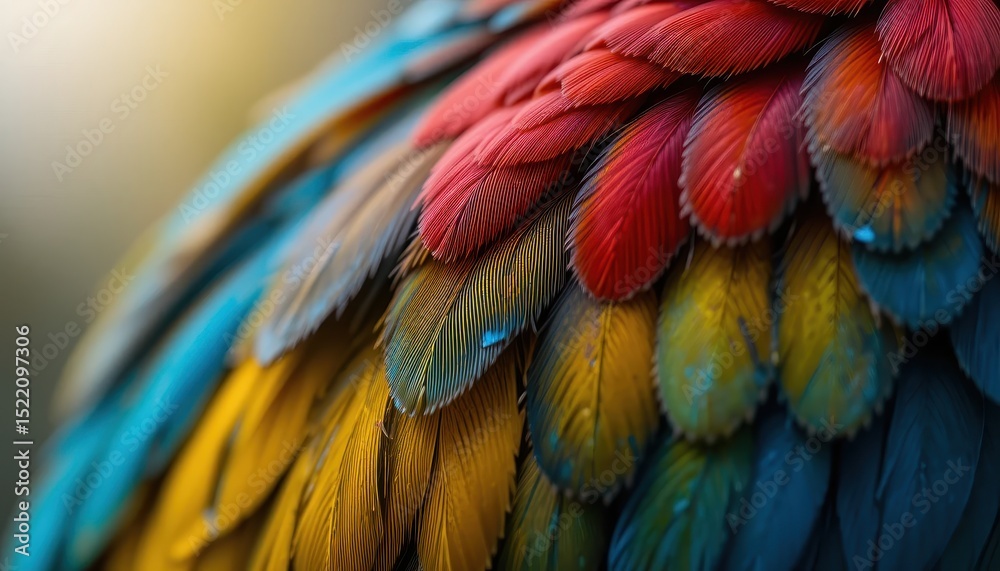 Obraz premium Vibrant Macaw Feathers A Close-Up Macro Photography of Intricate Patterns and Vivid Colors