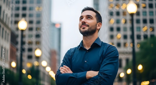 Portrait of a confident businessman looking up in city street with buildings and streetlights view 100