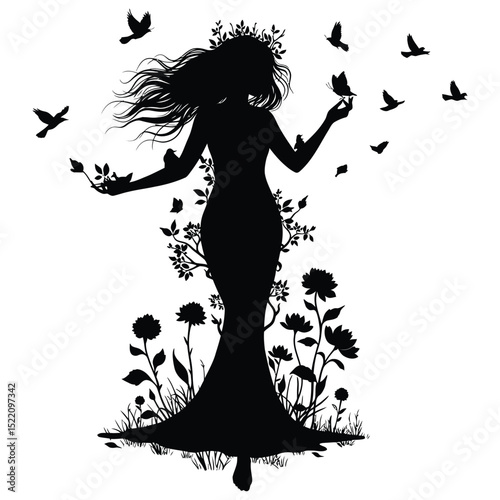 Silhouetted woman surrounded by nature elements with birds flying a stunning illustration in black and white