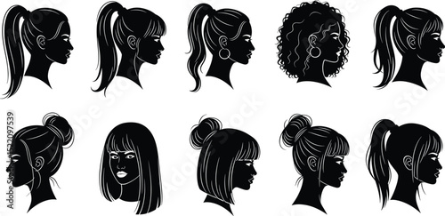 Woman heads in profile. Beautiful female faces profiles, black silhouette outline avatars, anonymous portraits with hairstyle vector set