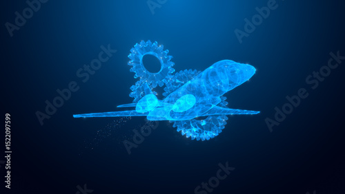 A conceptual digital art rendering of a futuristic aircraft intertwined with gears, symbolizing innovation in aviation technology and engineering.