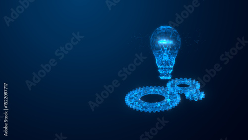 A futuristic digital representation of a light bulb and gears, symbolizing innovation and creativity in the tech industry.