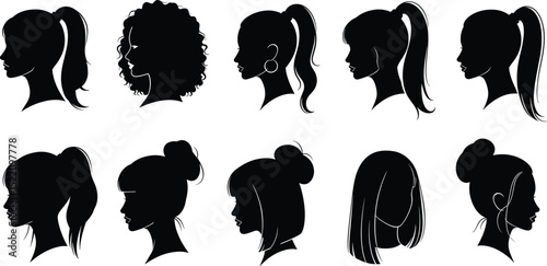 Woman heads in profile. Beautiful female faces profiles, black silhouette outline avatars, anonymous portraits with hairstyle vector set