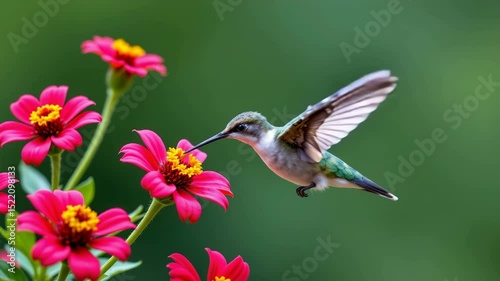 A hummingbird hovers in mid-air while feeding from the vibrant red petals of a blooming flower.