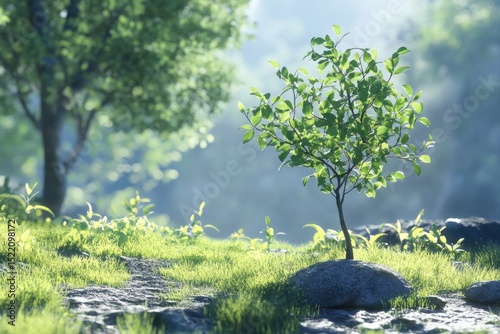 Young tree sprouting leaves under sunlight, CG environment with soft shadows