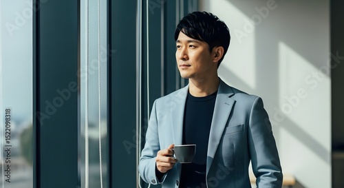 Asian business man looking out window with coffee cup in office professional headshot portrait lifestyle
